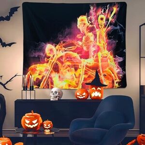 Black Light Skull Psychedelic Tapestry Flame Skeleton UV Reactive Wall Décor